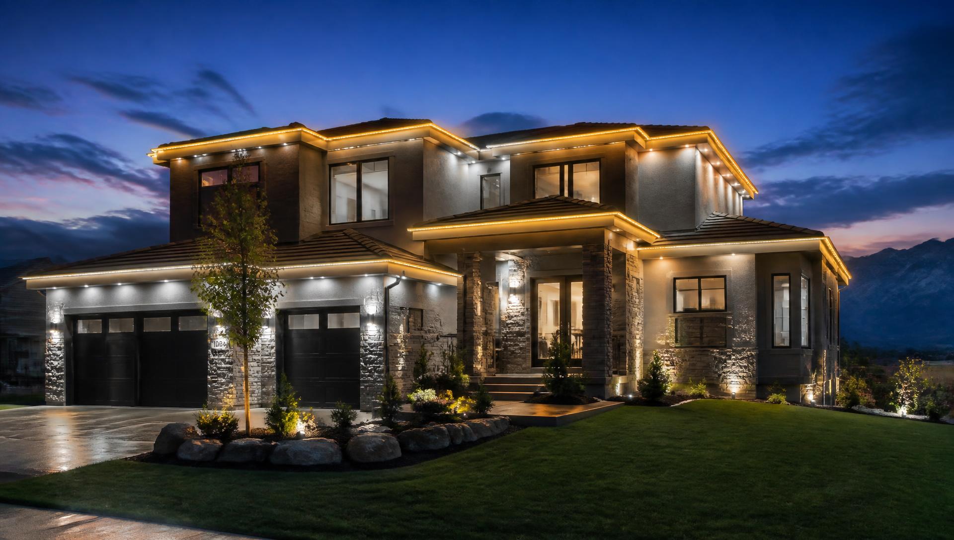 Home at dusk with permanent LED accent lighting along the rooflines